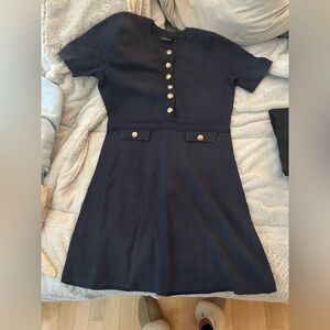 Elegant Navy Sweater Dress with Gold Accents